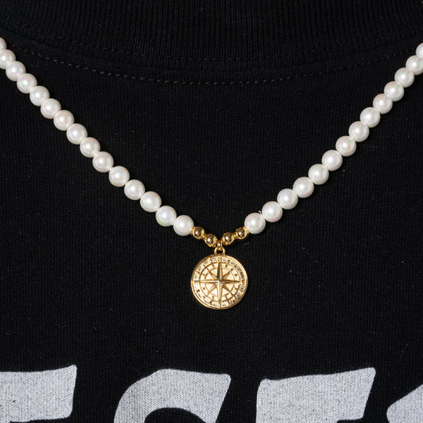 6mm Freshwater Pearl Compass Necklace - Gold