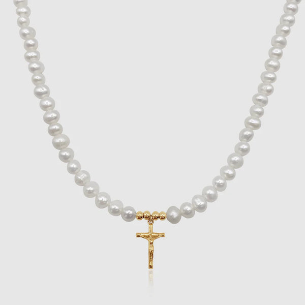 6mm Freshwater Pearl Crucifix Necklace - Gold