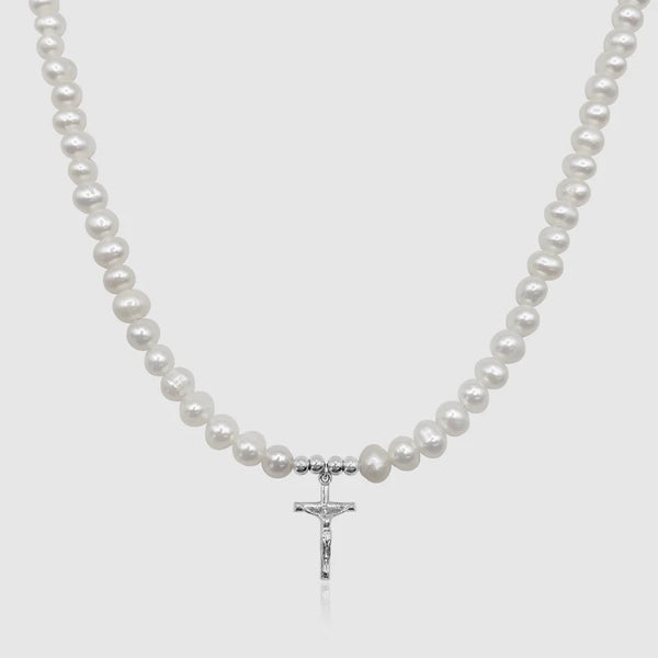 6mm Freshwater Pearl Crucifix Necklace - White Gold