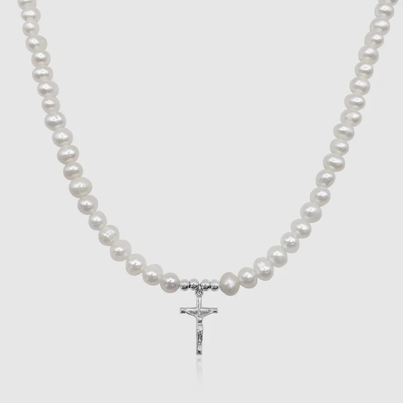 6mm Freshwater Pearl Crucifix Necklace - White Gold