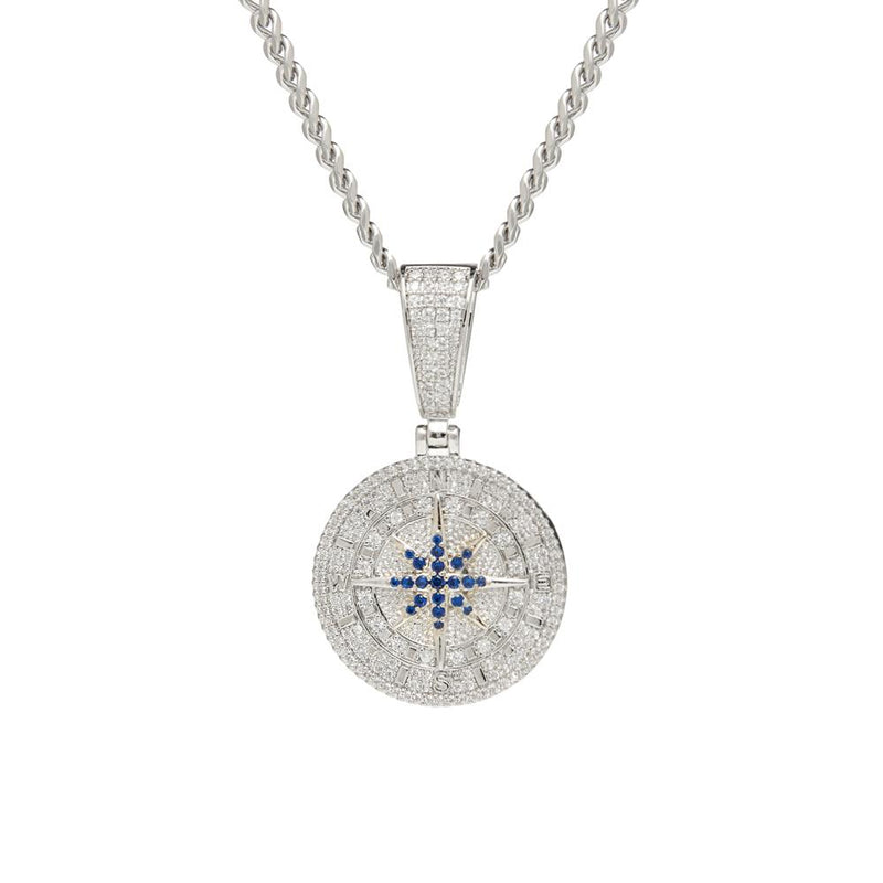 Iced Compass Pendant - White Gold